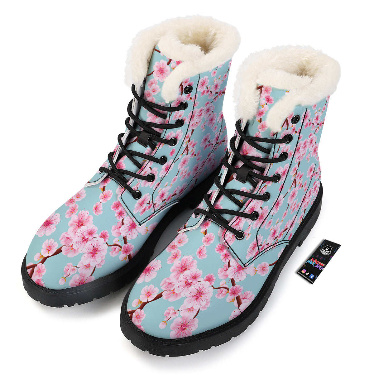 Cherry Blossom White Print Pattern Winter Boots-grizzshop