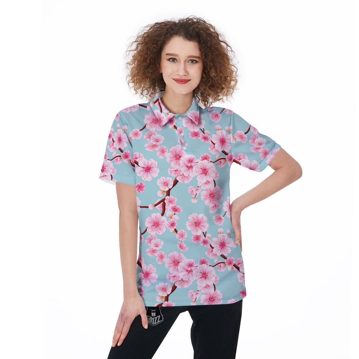 Cherry Blossom White Print Pattern Women's Golf Shirts-grizzshop