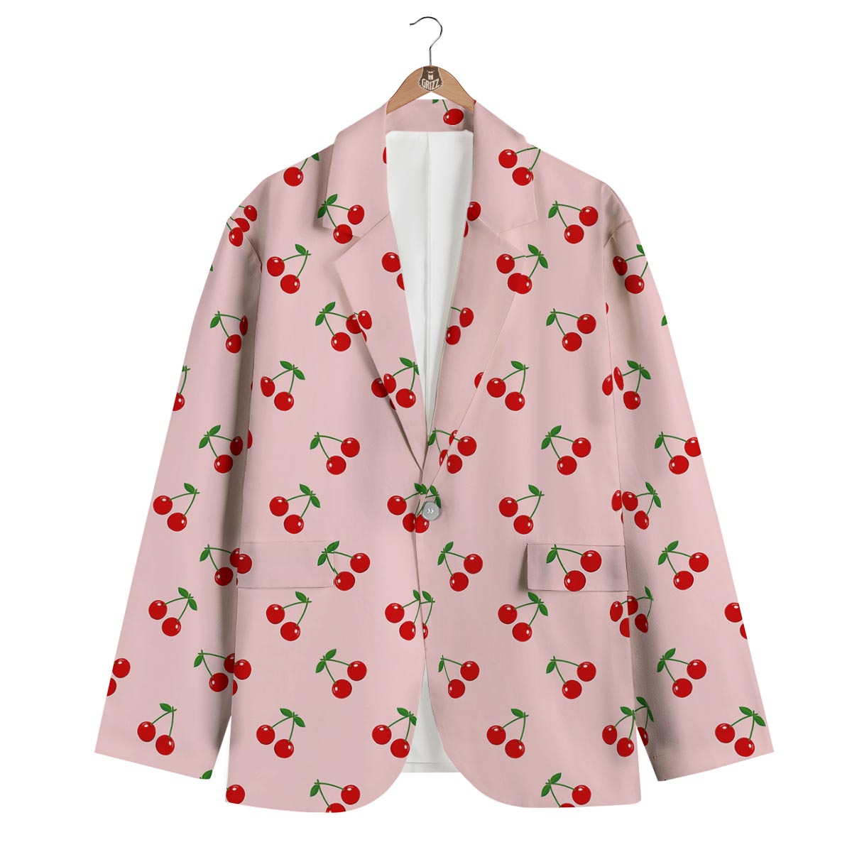 Cherry Pink Pattern Print Men's Blazer-grizzshop