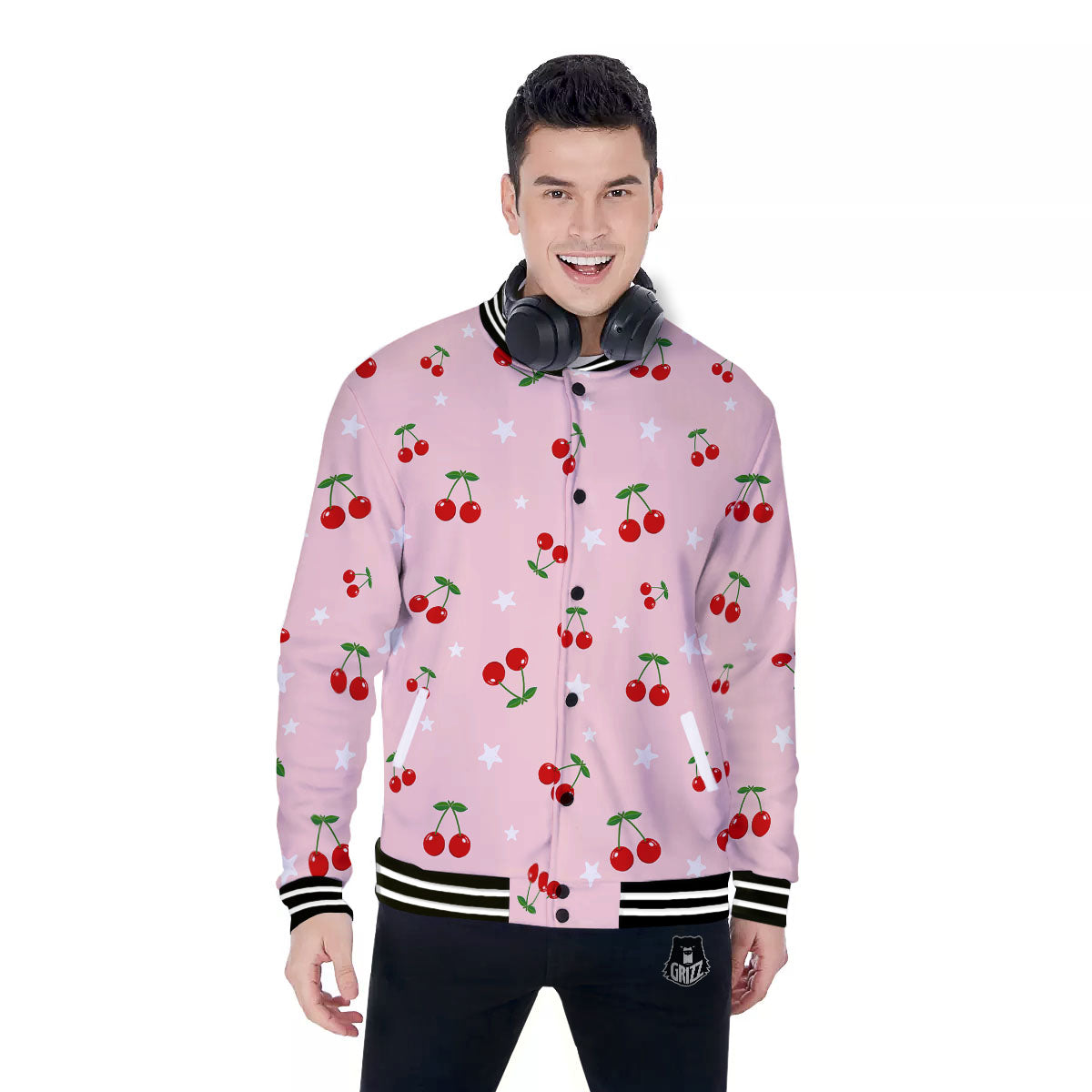 Cherry Pink Print Pattern Baseball Jacket-grizzshop