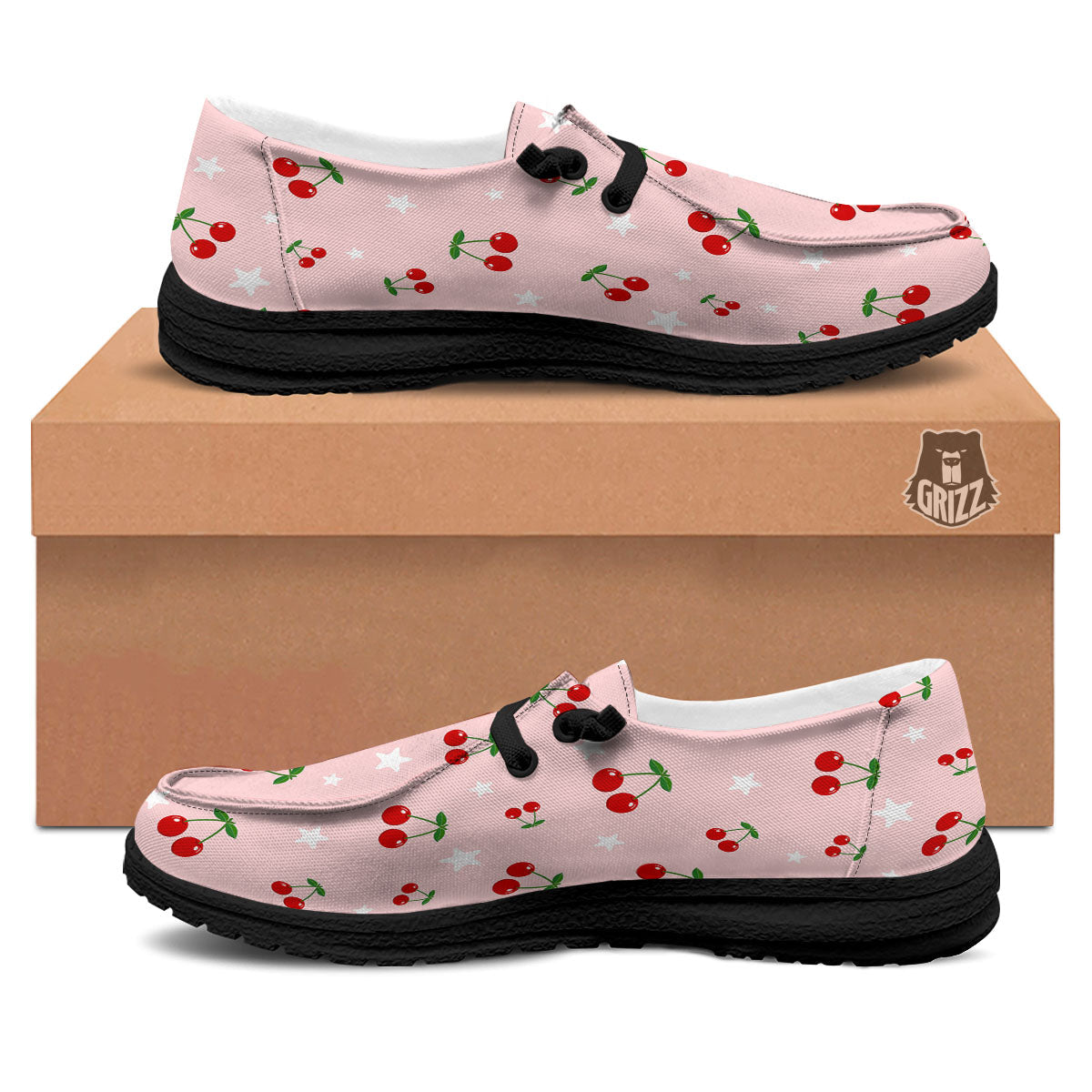 Cherry Pink Print Pattern Black Loafers-grizzshop
