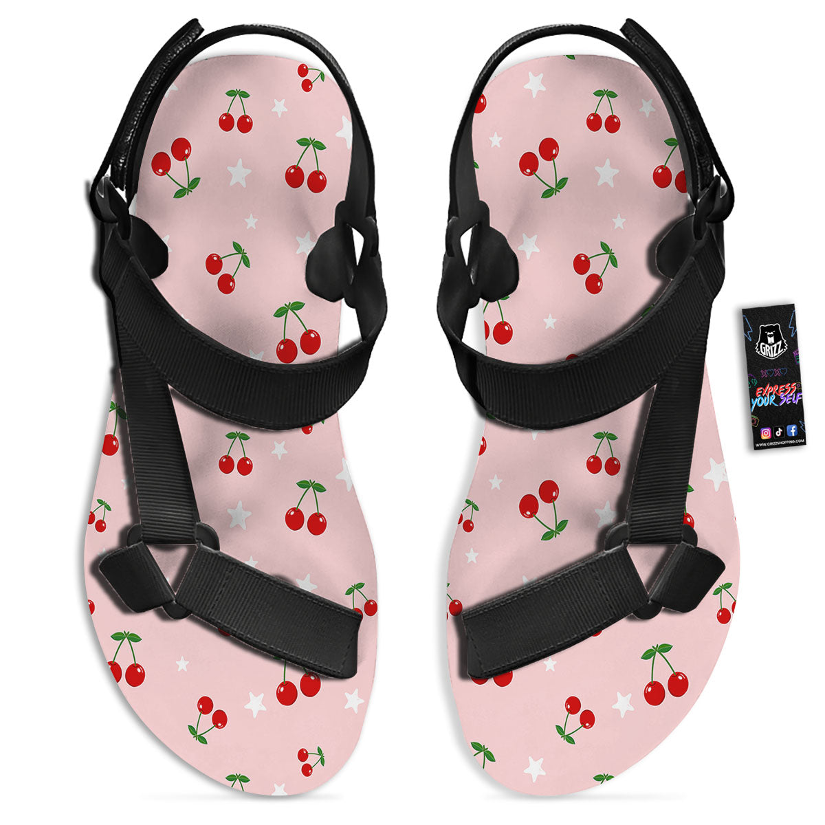 Cherry Pink Print Pattern Black Open Toe Sandals-grizzshop