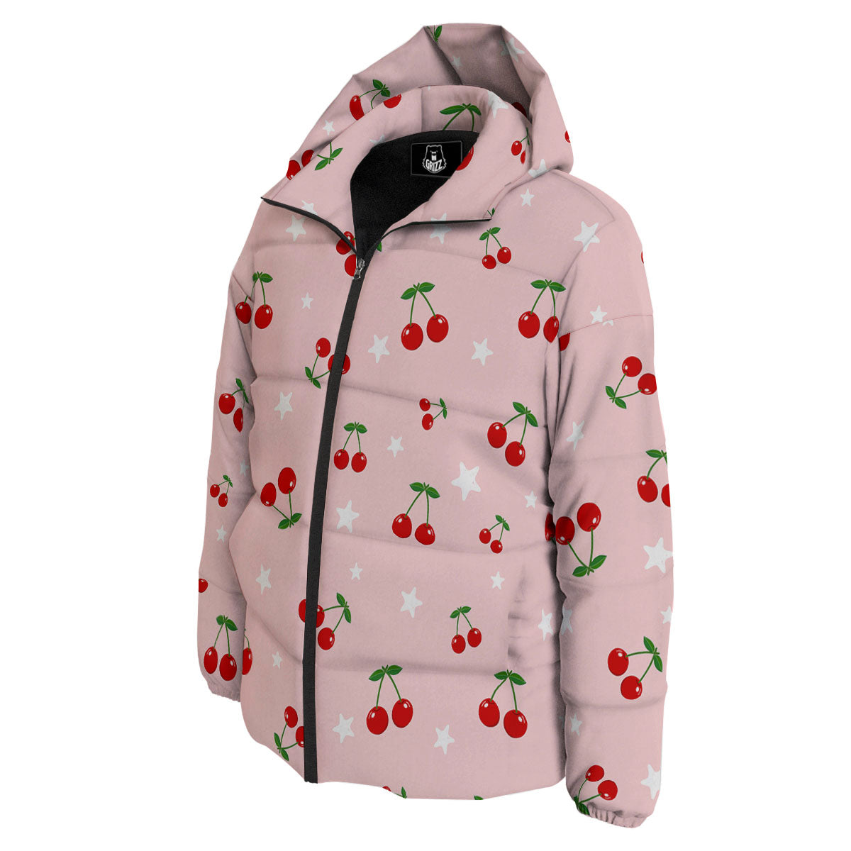 Cherry Pink Print Pattern Down Jacket-grizzshop