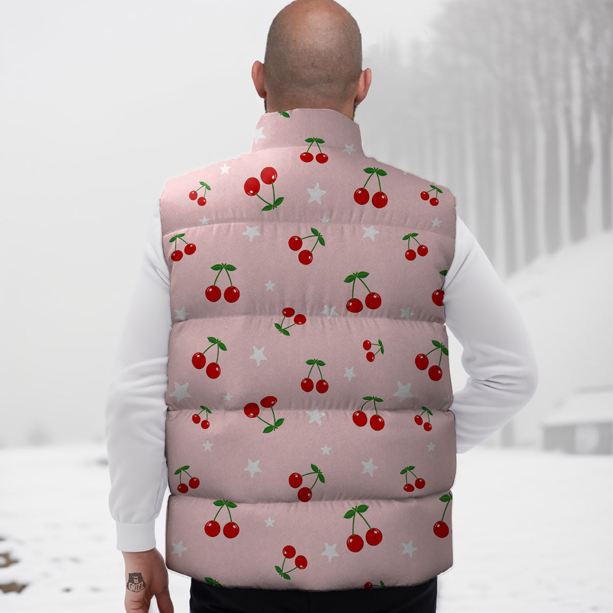 Cherry Pink Print Pattern Down Vest-grizzshop