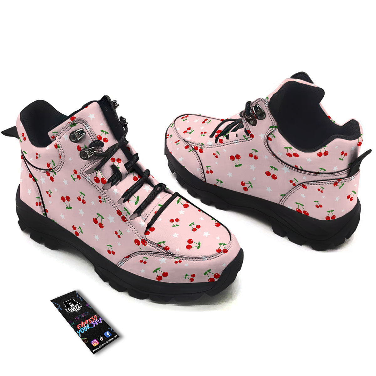Cherry Pink Print Pattern Hiking Shoes-grizzshop