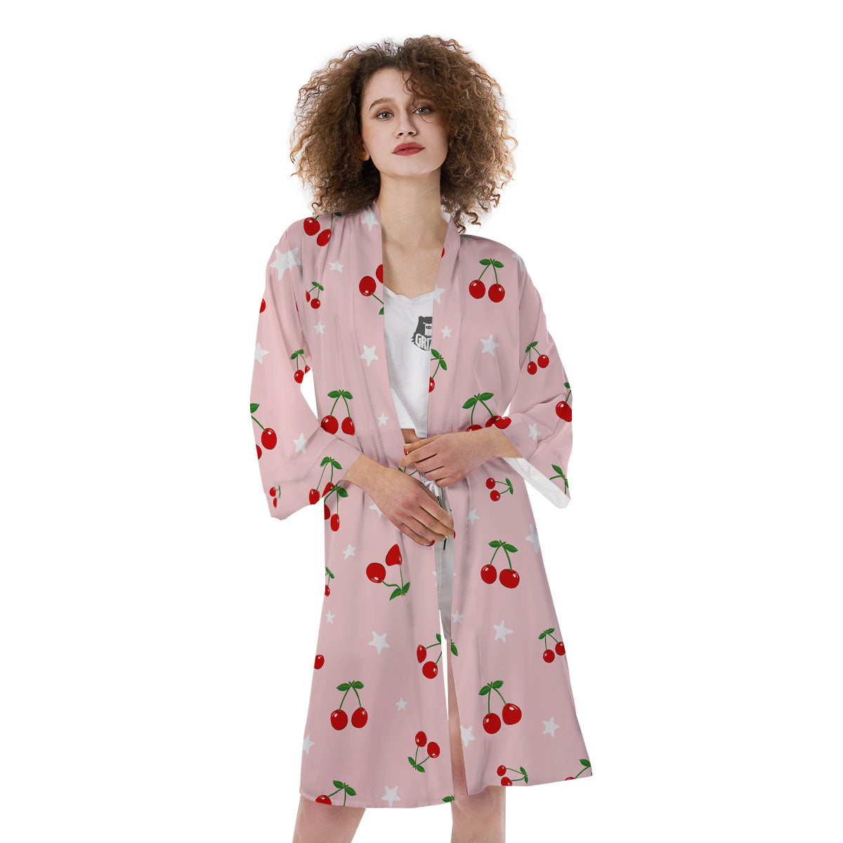 Cherry Pink Print Pattern Kimono-grizzshop