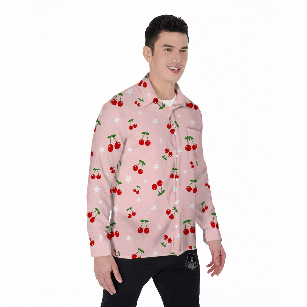 Cherry Pink Print Pattern Men's Long Sleeve Shirts-grizzshop