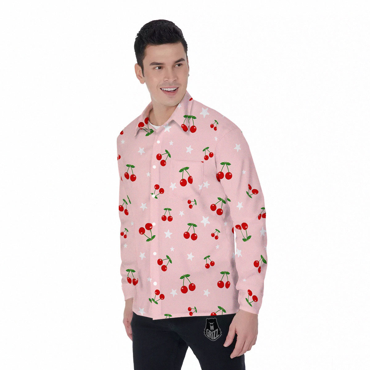 Cherry Pink Print Pattern Men's Long Sleeve Shirts-grizzshop
