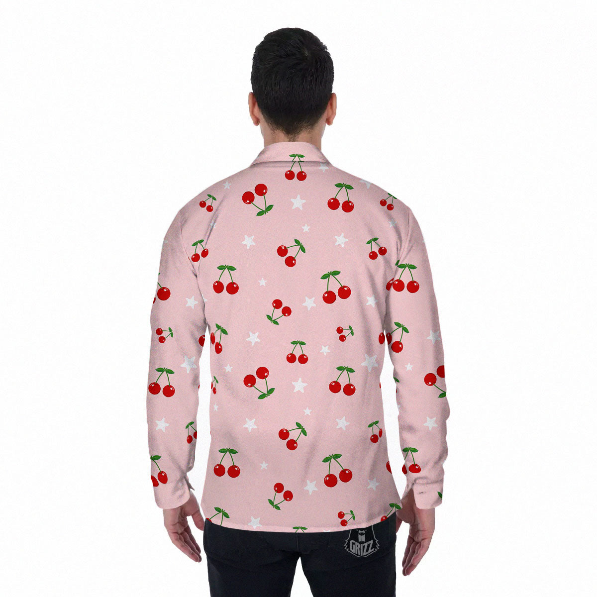 Cherry Pink Print Pattern Men's Long Sleeve Shirts-grizzshop