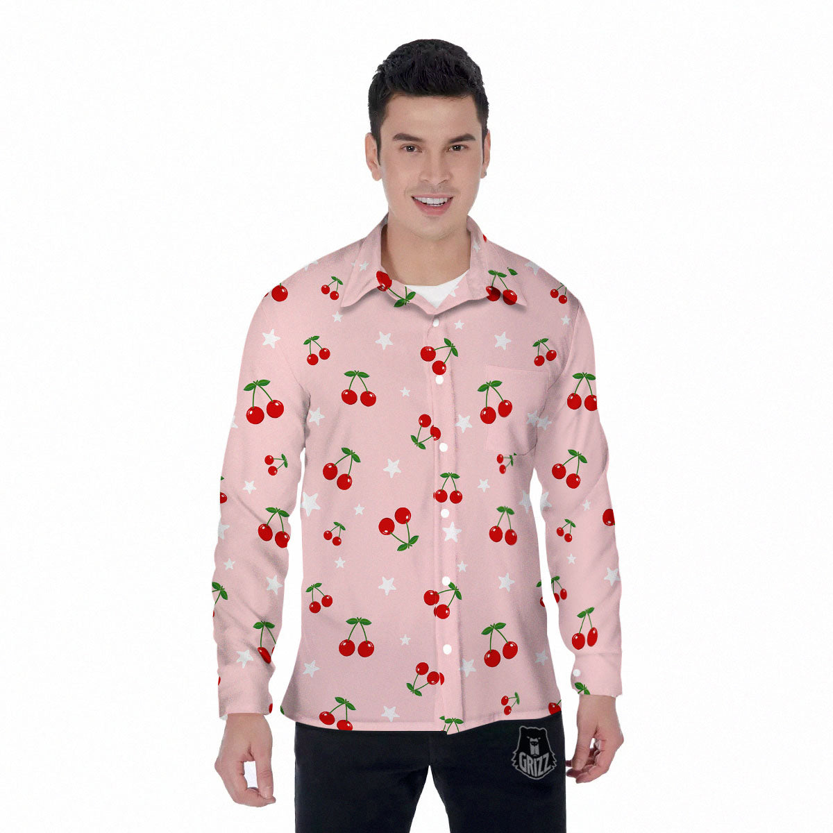 Cherry Pink Print Pattern Men's Long Sleeve Shirts-grizzshop