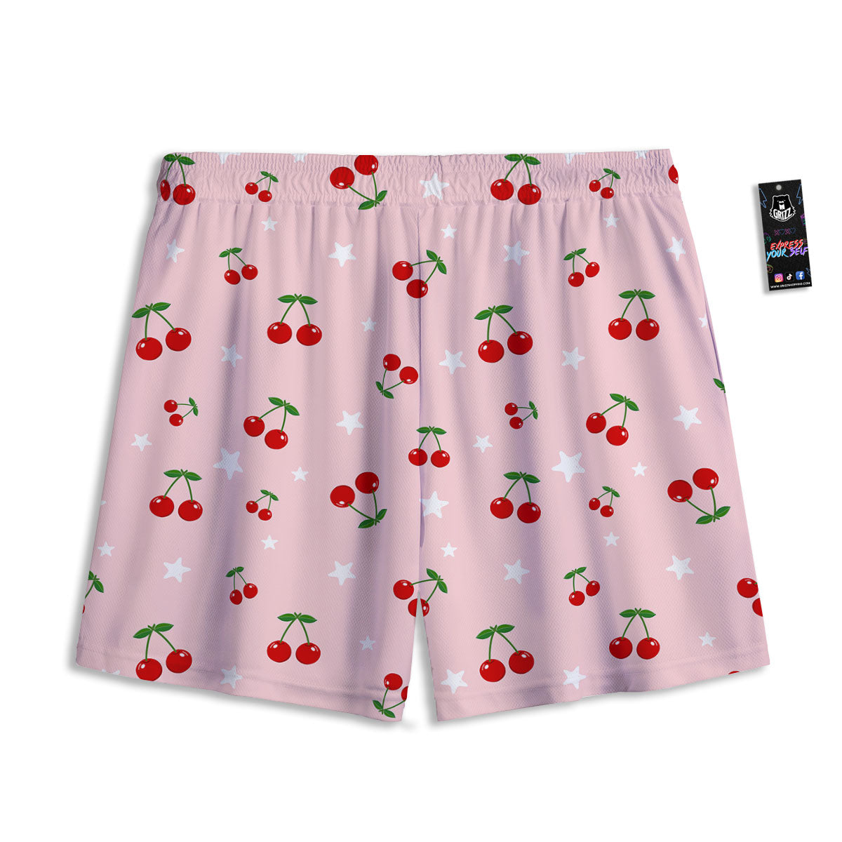 Cherry Pink Print Pattern Mesh Shorts-grizzshop