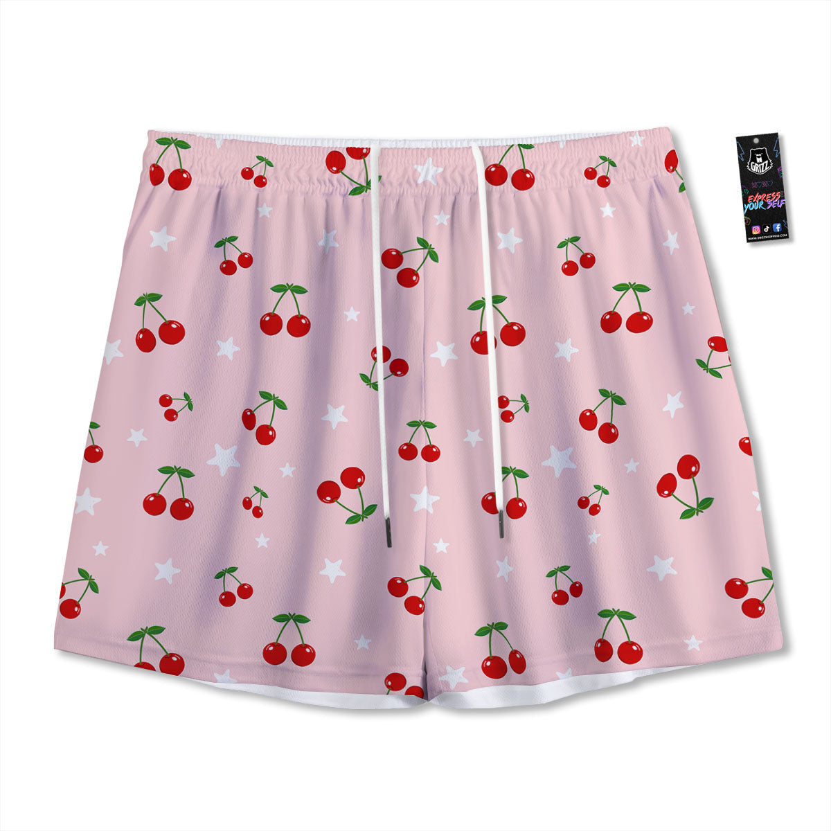 Cherry Pink Print Pattern Mesh Shorts-grizzshop