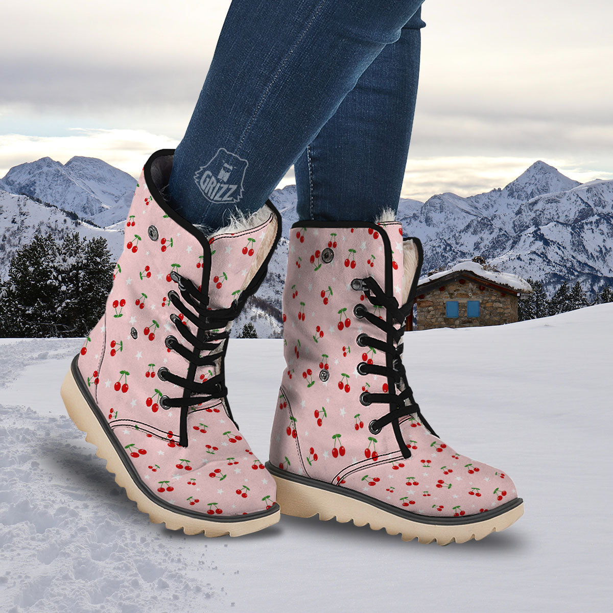 Cherry Pink Print Pattern Snow Boots-grizzshop