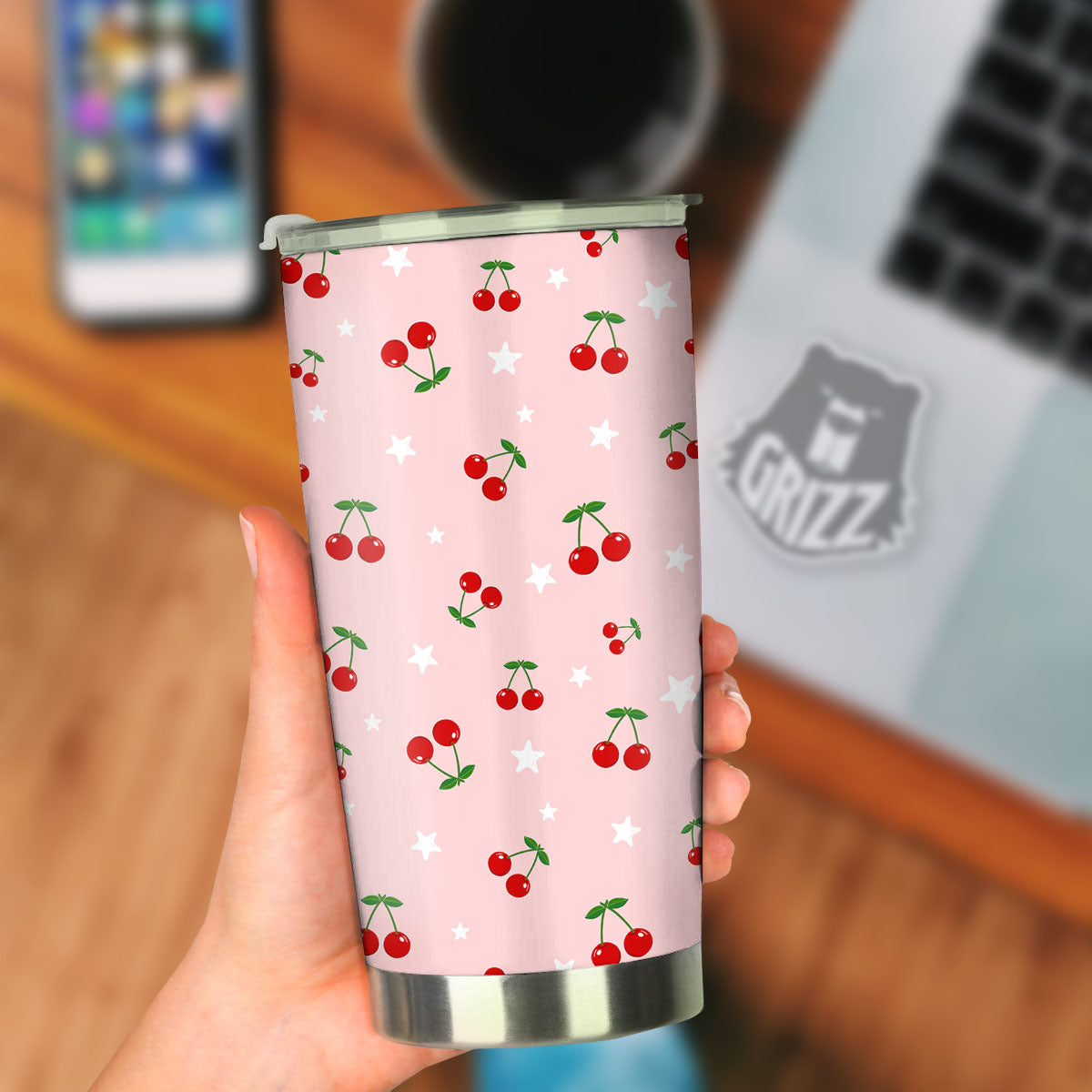 Cherry Pink Print Pattern Tumbler-grizzshop