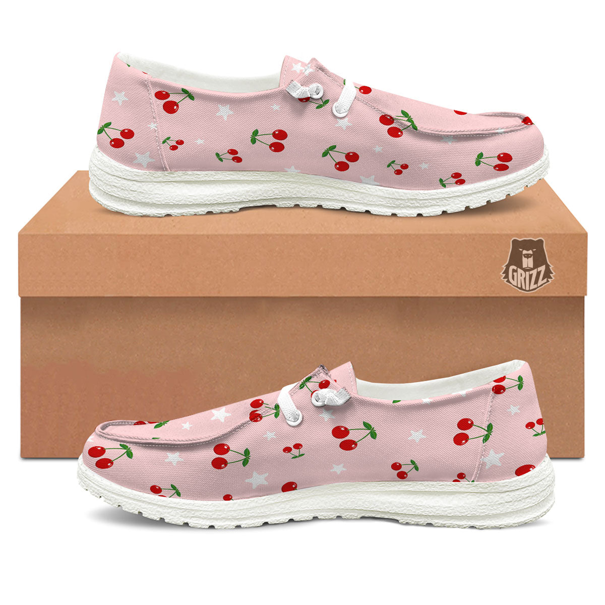 Cherry Pink Print Pattern White Loafers-grizzshop