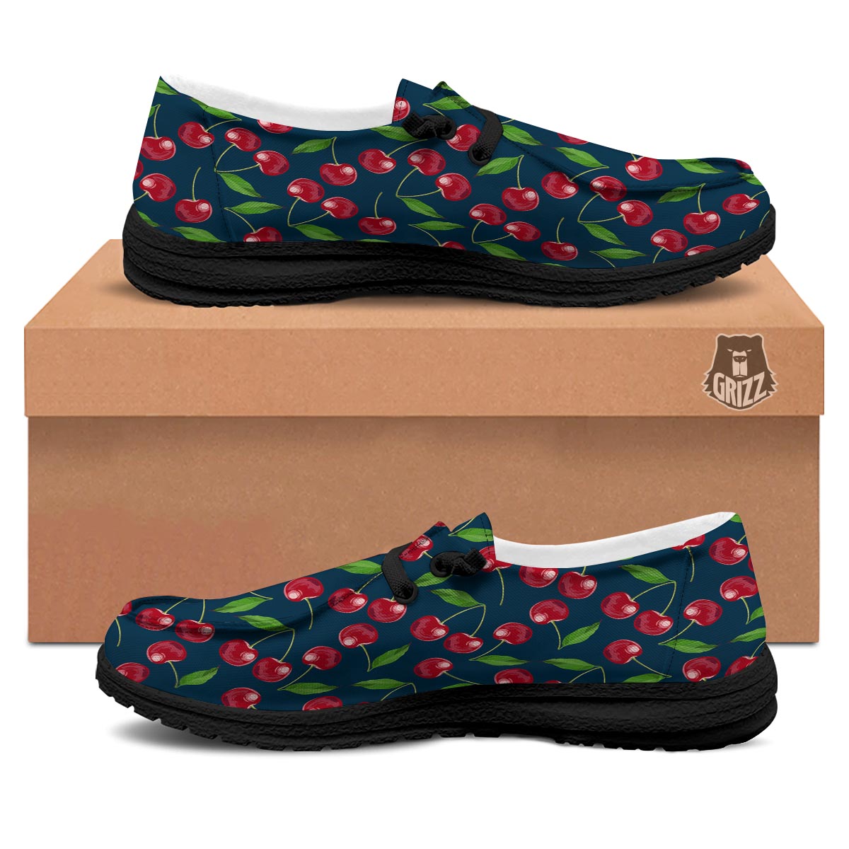Cherry Red Print Pattern Black Loafers-grizzshop