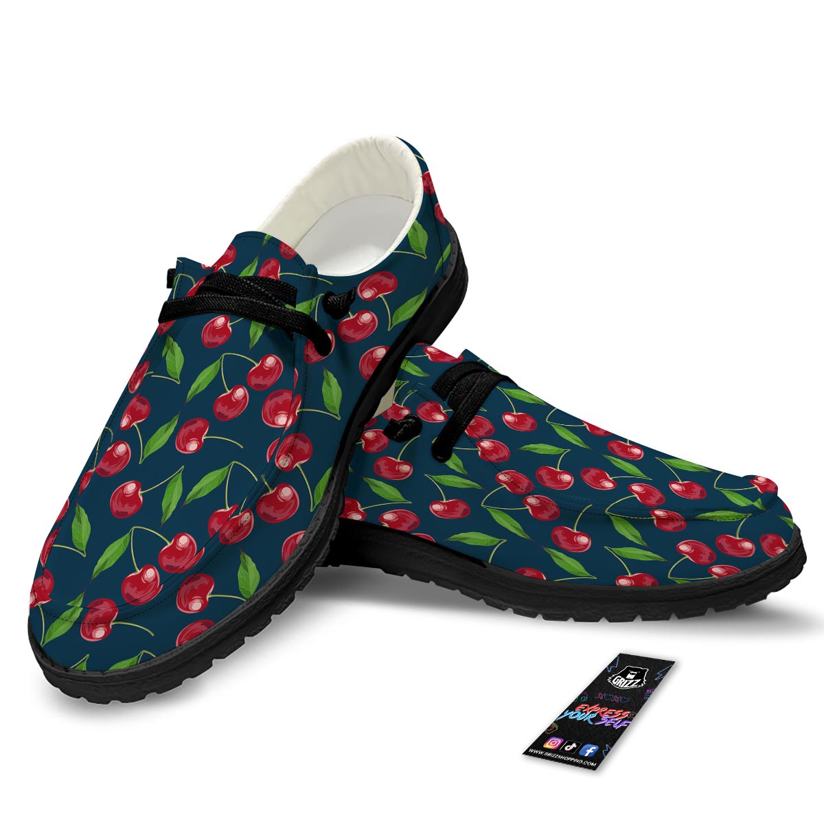 Cherry Red Print Pattern Black Loafers-grizzshop