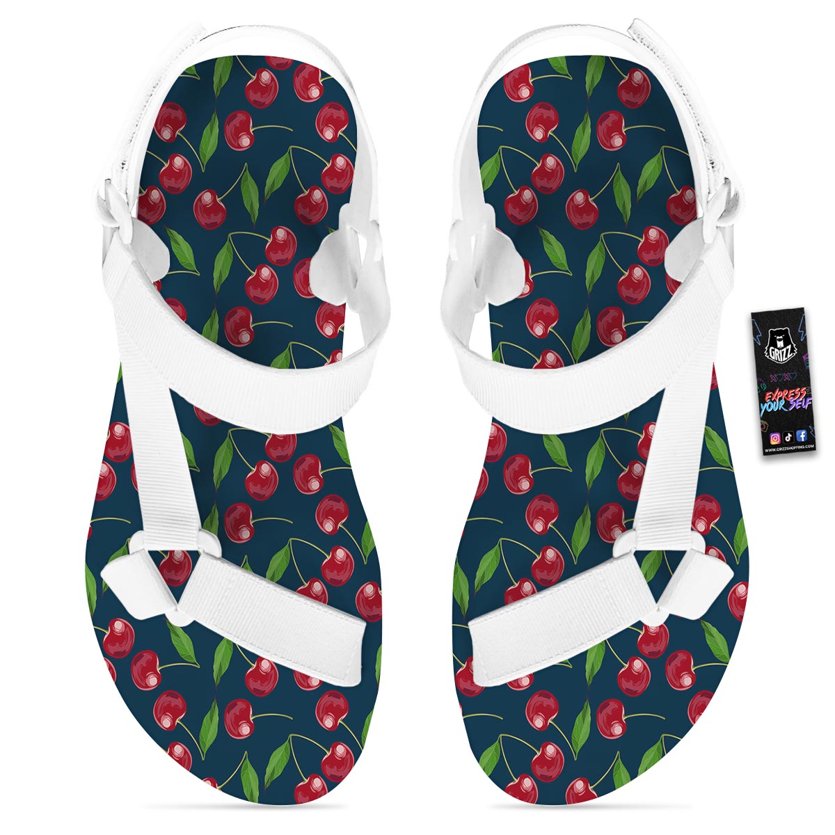 Cherry Red Print Pattern White Open Toe Sandals-grizzshop
