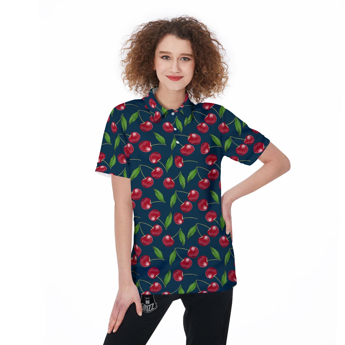 Cherry Red Print Pattern Women's Golf Shirts-grizzshop