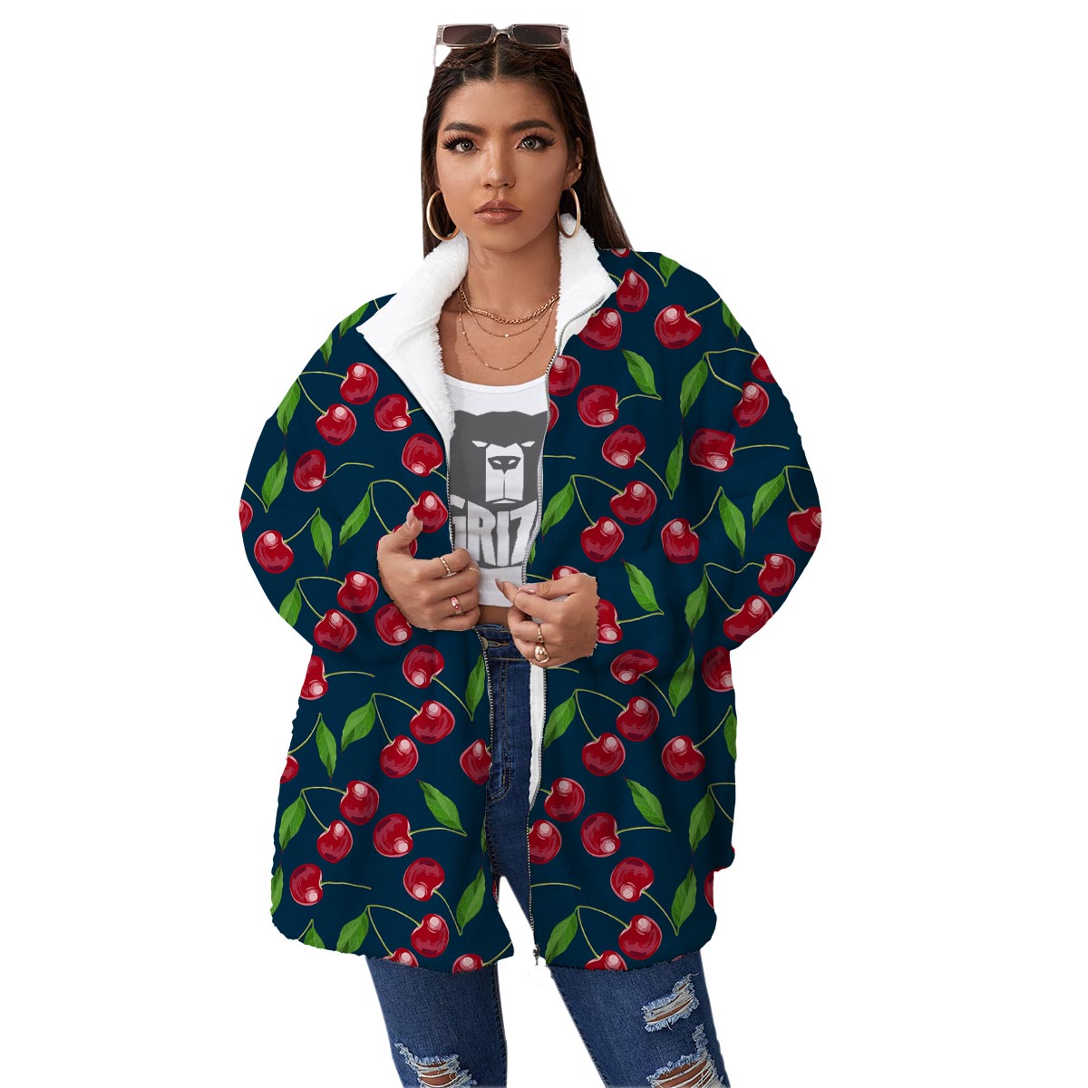 Cherry Red Print Pattern Women's Sherpa Jacket-grizzshop