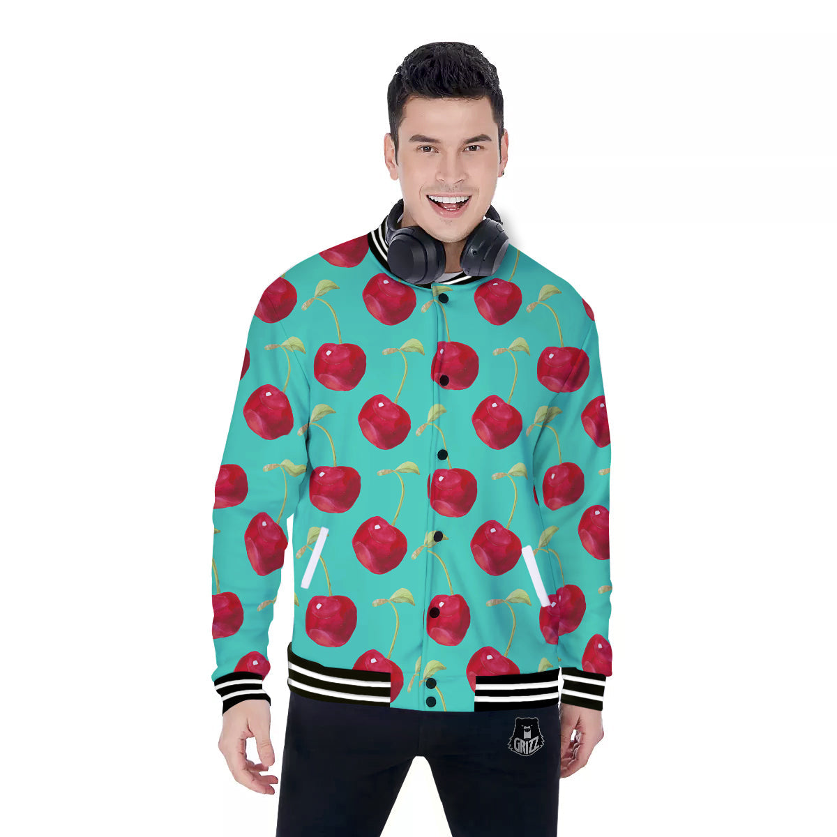 Cherry Watercolor Print Pattern Baseball Jacket-grizzshop