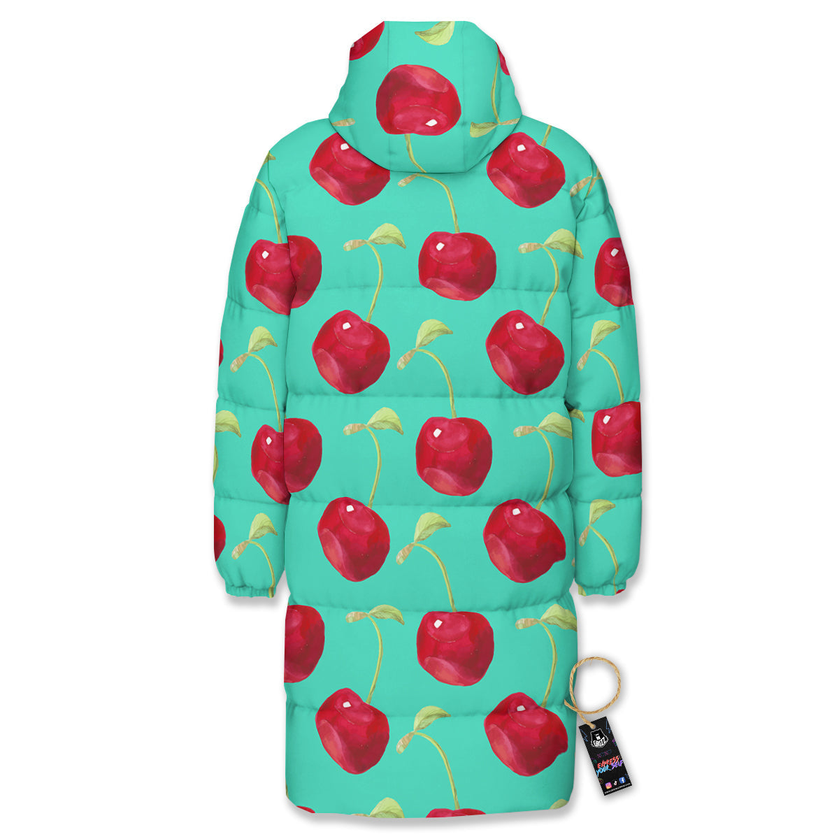 Cherry Watercolor Print Pattern Long Down Jacket-grizzshop