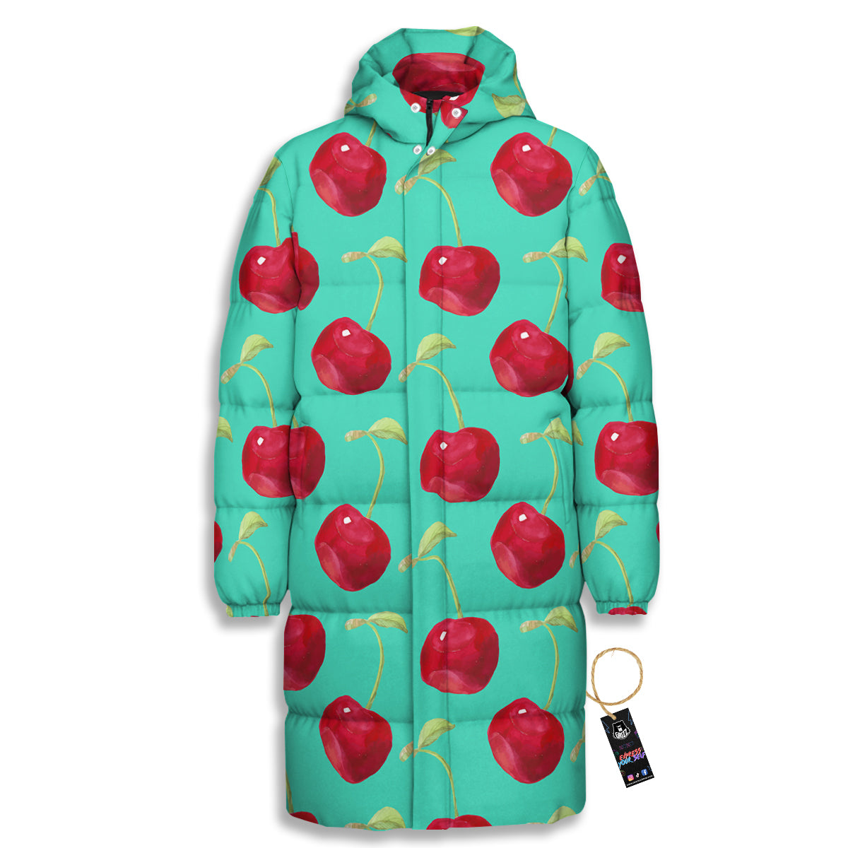 Cherry Watercolor Print Pattern Long Down Jacket-grizzshop