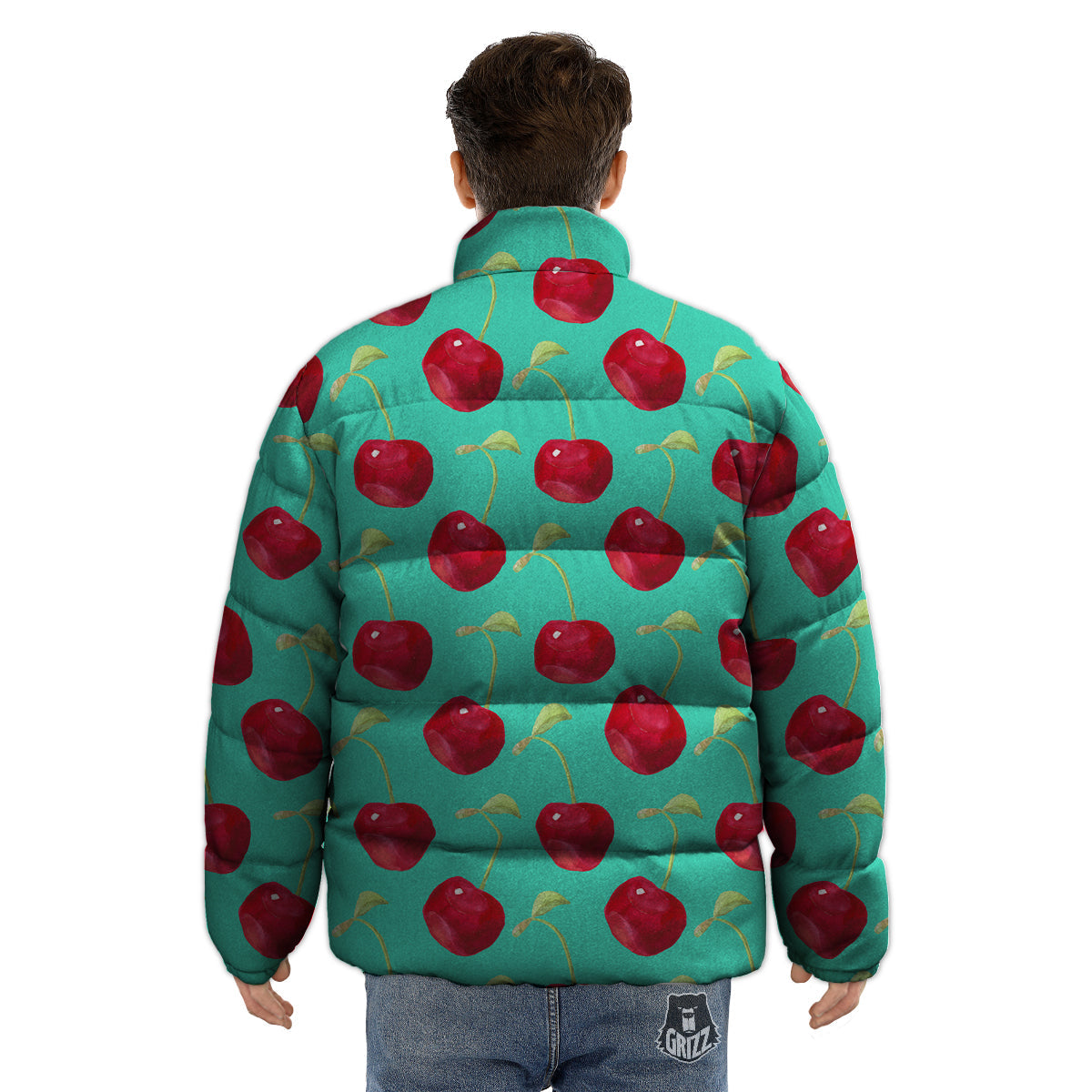 Cherry Watercolor Print Pattern Puffer Jacket-grizzshop