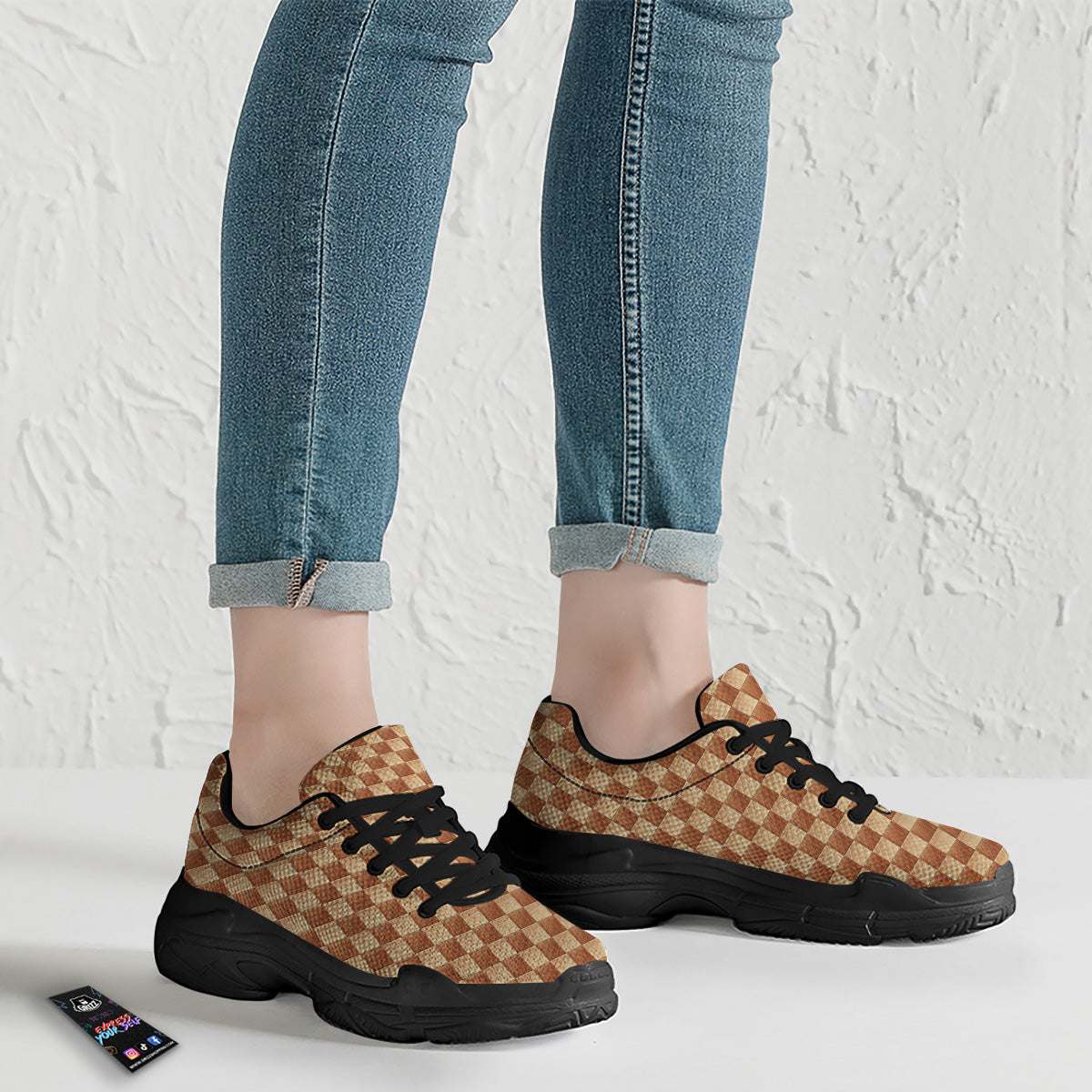 Chess Board Wood Print Pattern Black Chunky Shoes-grizzshop