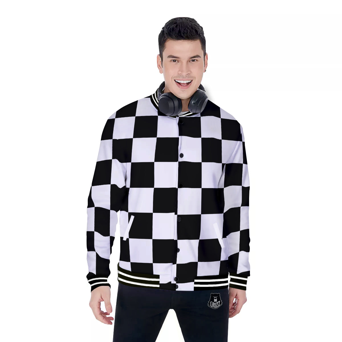 Chessboard Sphere Print Baseball Jacket-grizzshop