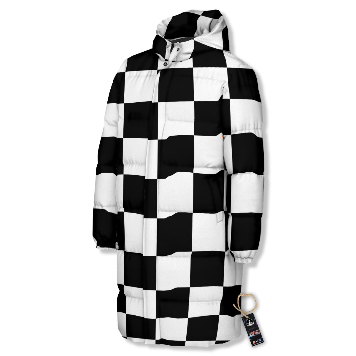 Chessboard Sphere Print Long Down Jacket-grizzshop