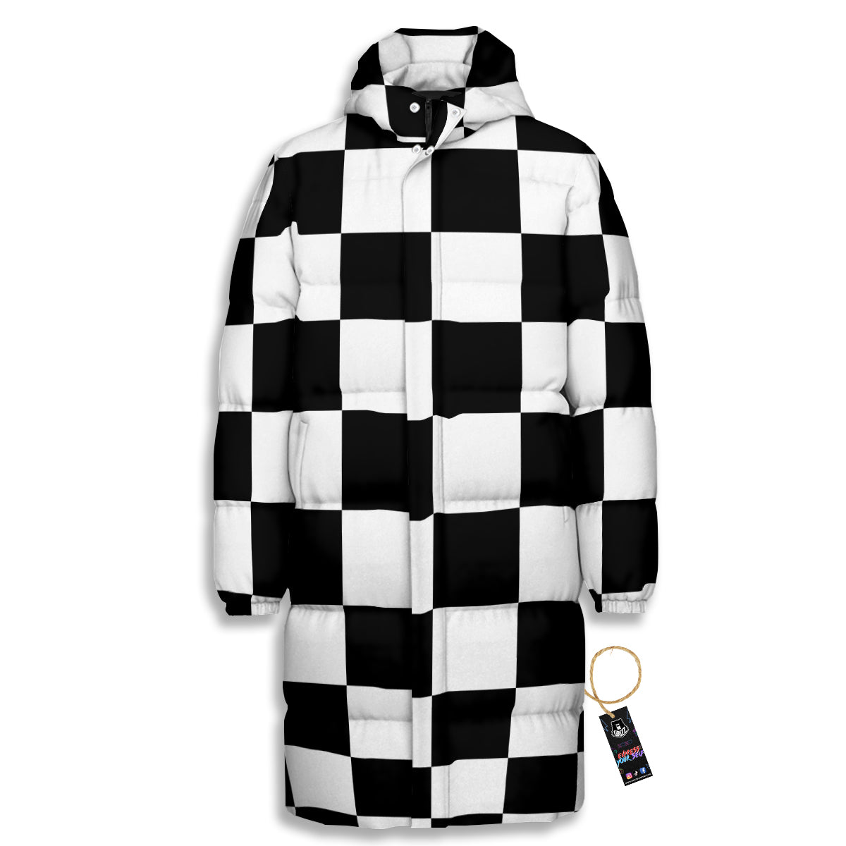 Chessboard Sphere Print Long Down Jacket-grizzshop