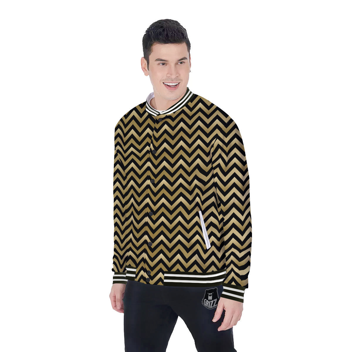 Chevron Black And Gold Print Pattern Baseball Jacket-grizzshop