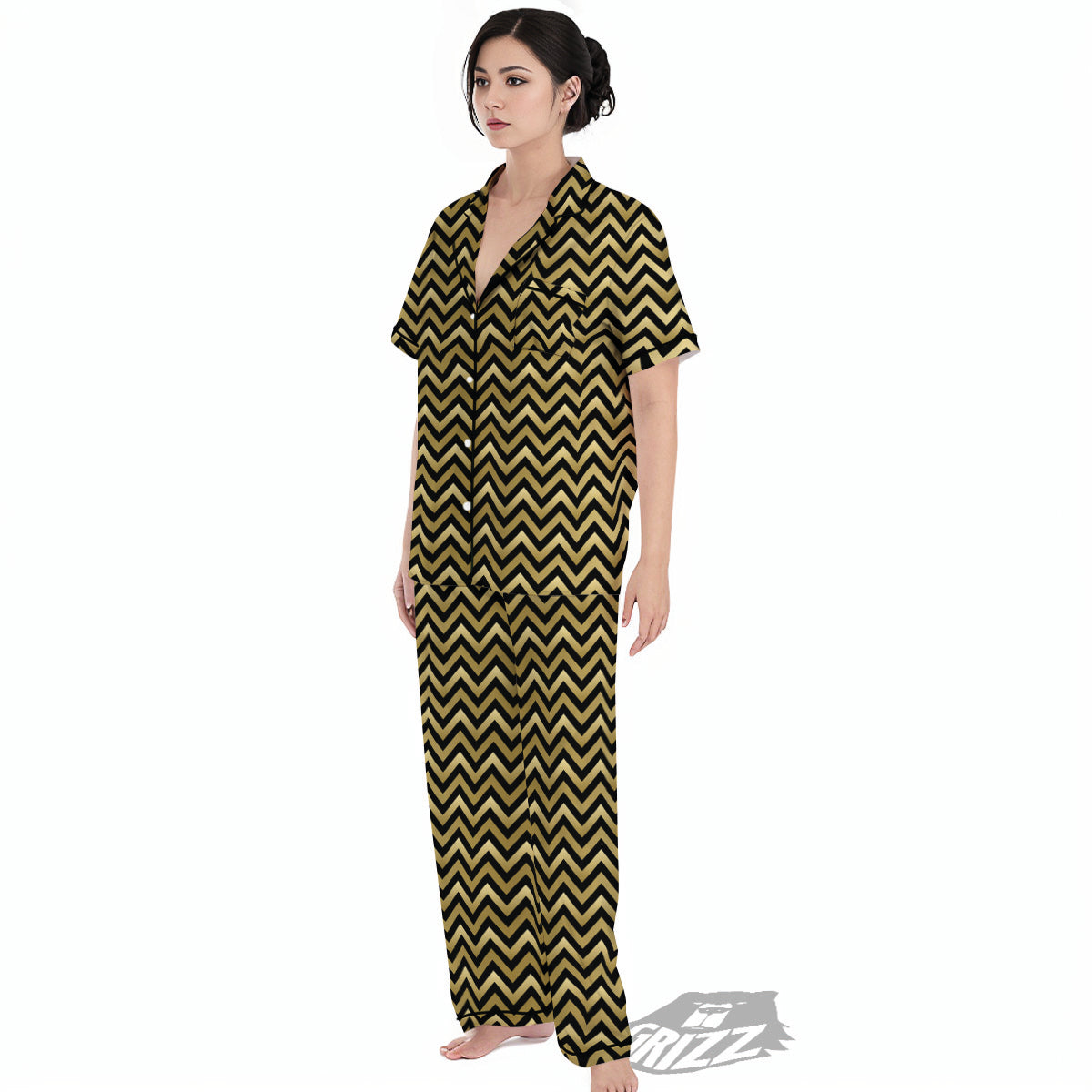 Chevron Black And Gold Print Pattern Women's Pajamas Set-grizzshop