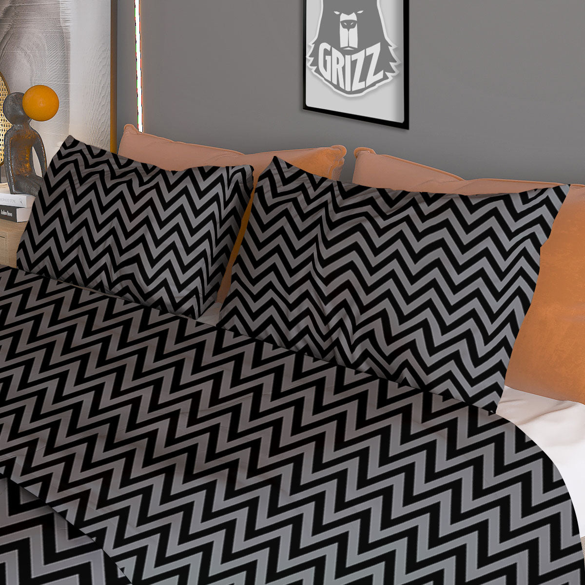 Chevron Black And Grey Print Pattern Duvet Cover Bedding Set