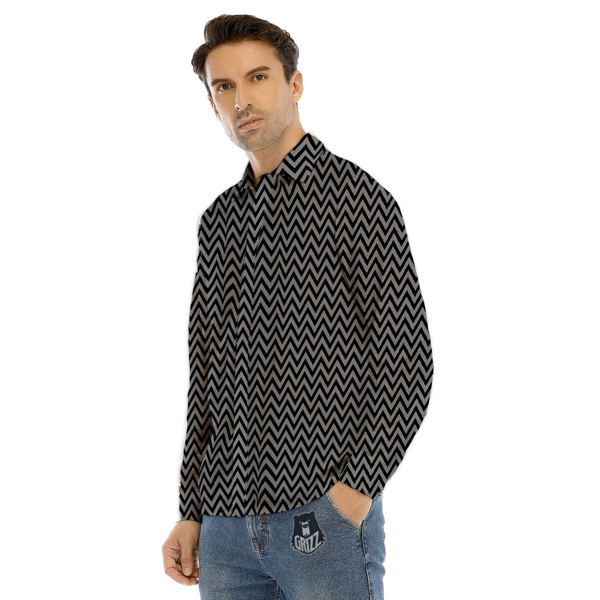 Chevron Black And Grey Print Pattern Men's Dress Shirts-grizzshop