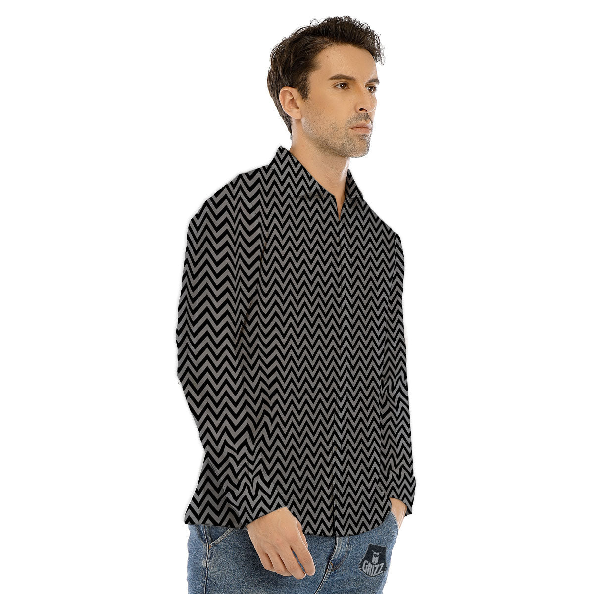 Chevron Black And Grey Print Pattern Men's Dress Shirts-grizzshop