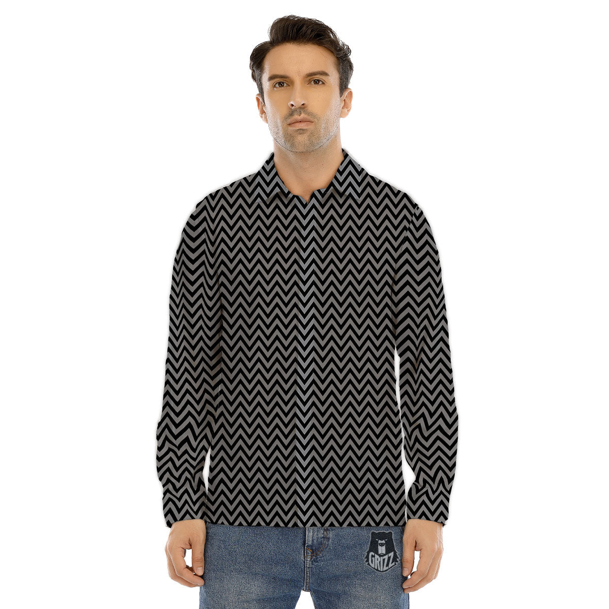 Chevron Black And Grey Print Pattern Men's Dress Shirts-grizzshop
