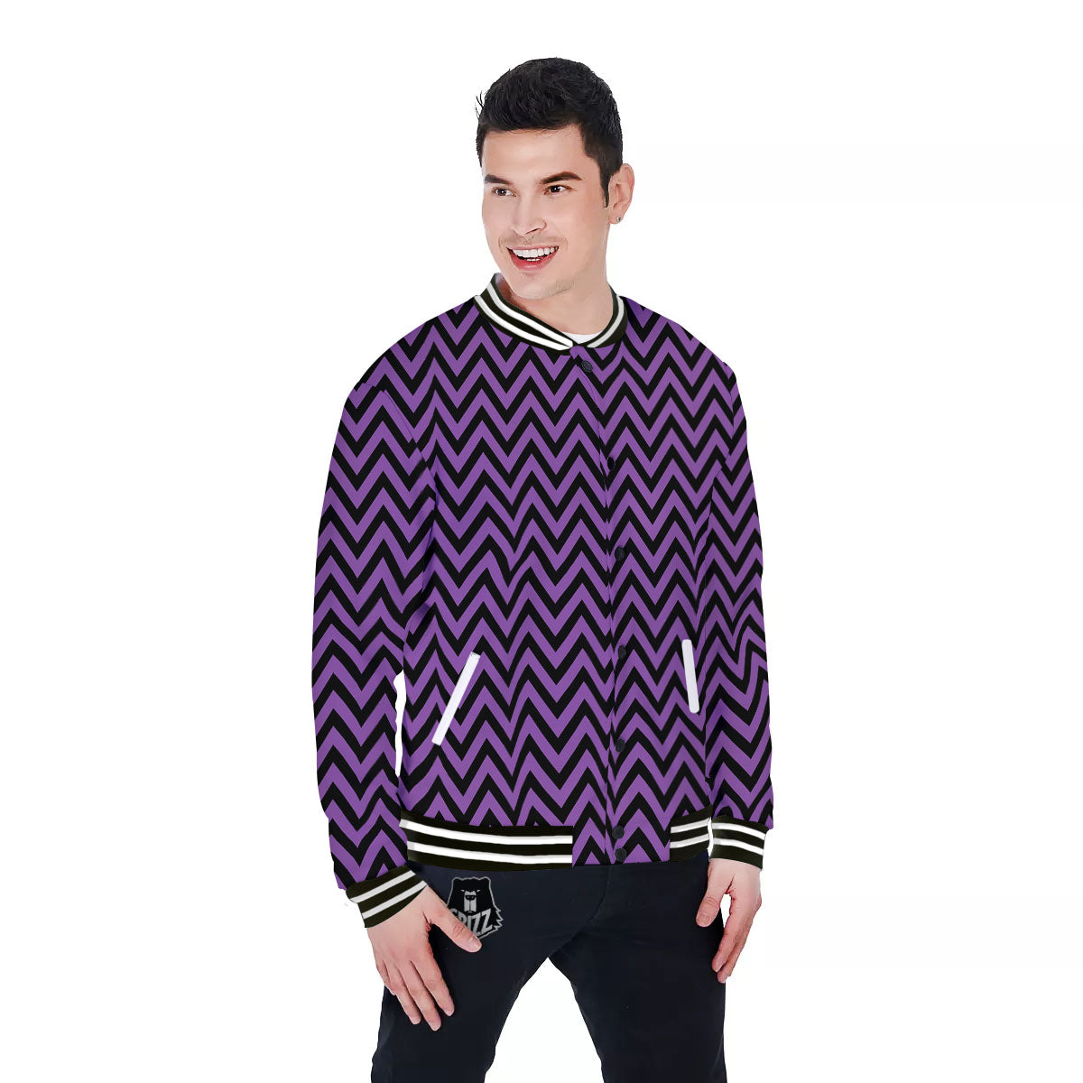 Chevron Black And Purple Print Pattern Baseball Jacket-grizzshop