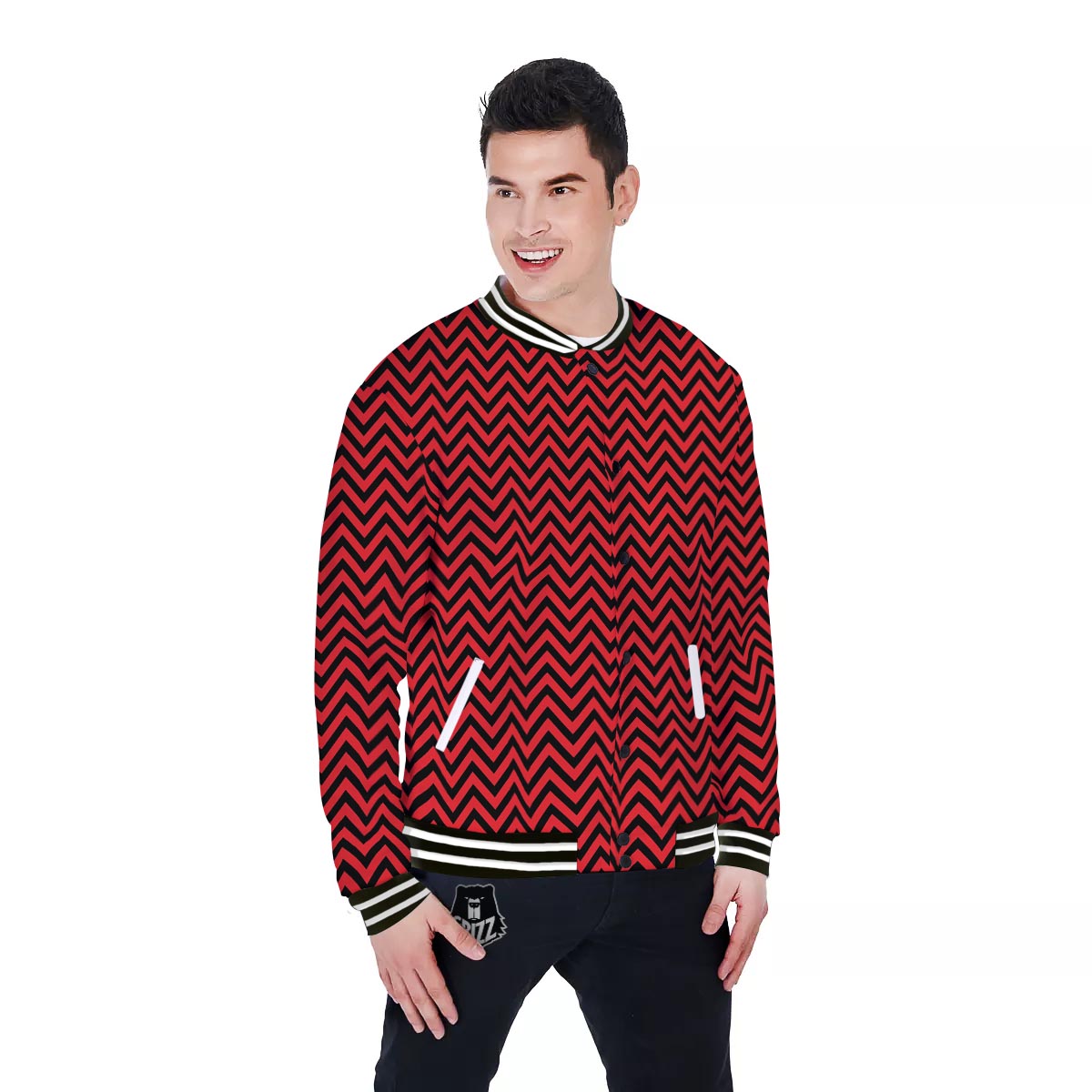 Chevron Black And Red Print Pattern Baseball Jacket-grizzshop