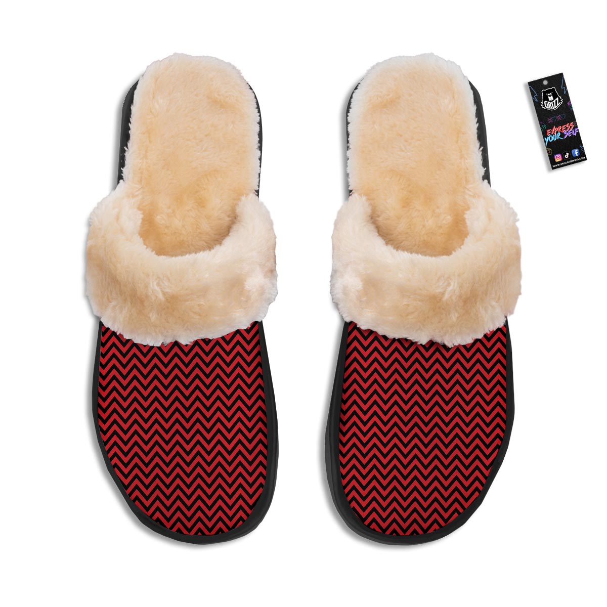 Chevron Black And Red Print Pattern Slippers-grizzshop