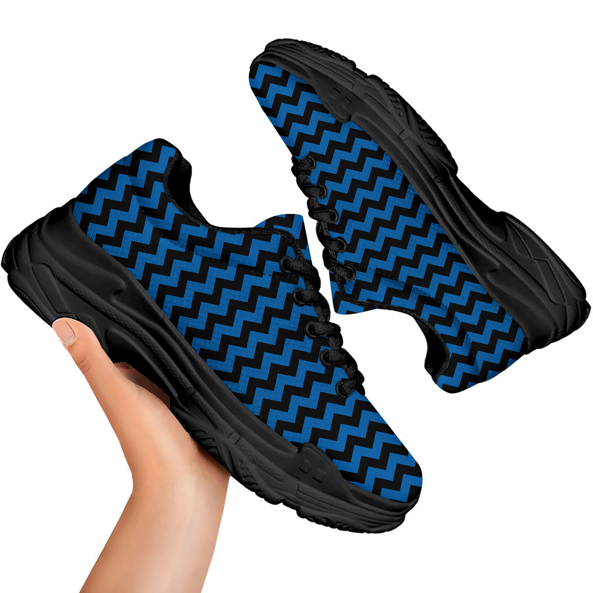 Chevron Blue And Black Print Pattern Black Chunky Shoes-grizzshop