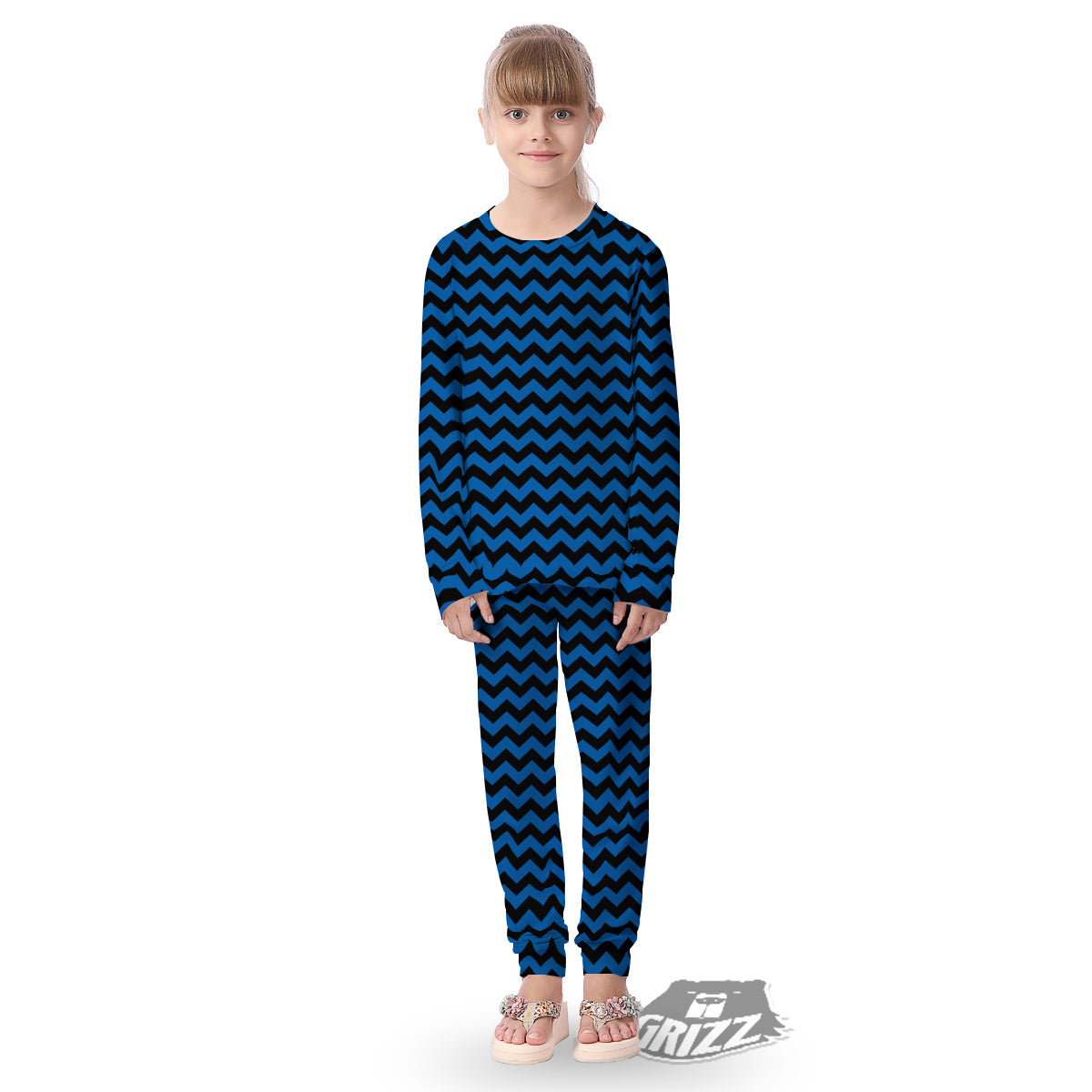 Chevron Blue And Black Print Pattern Kid's Pajamas-grizzshop