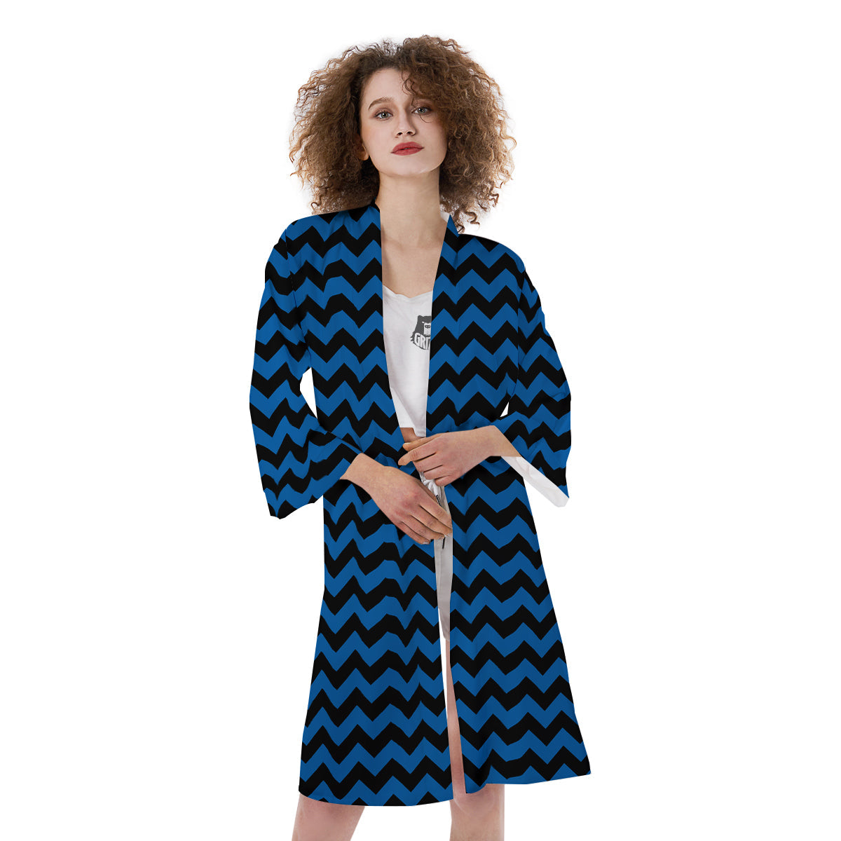 Chevron Blue And Black Print Pattern Kimono-grizzshop