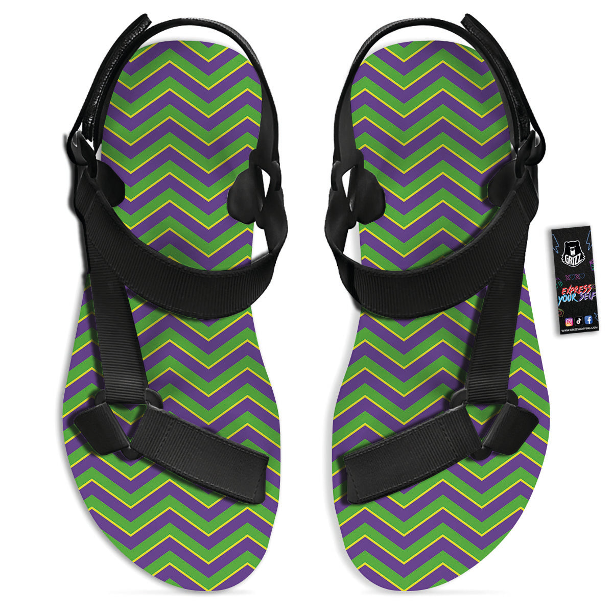 Chevron Mardi Gras Print Pattern Black Open Toe Sandals-grizzshop