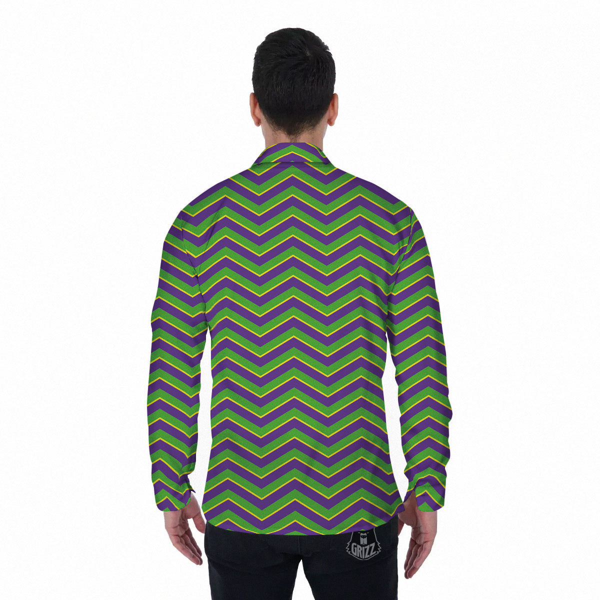 Chevron Mardi Gras Print Pattern Men's Long Sleeve Shirts-grizzshop