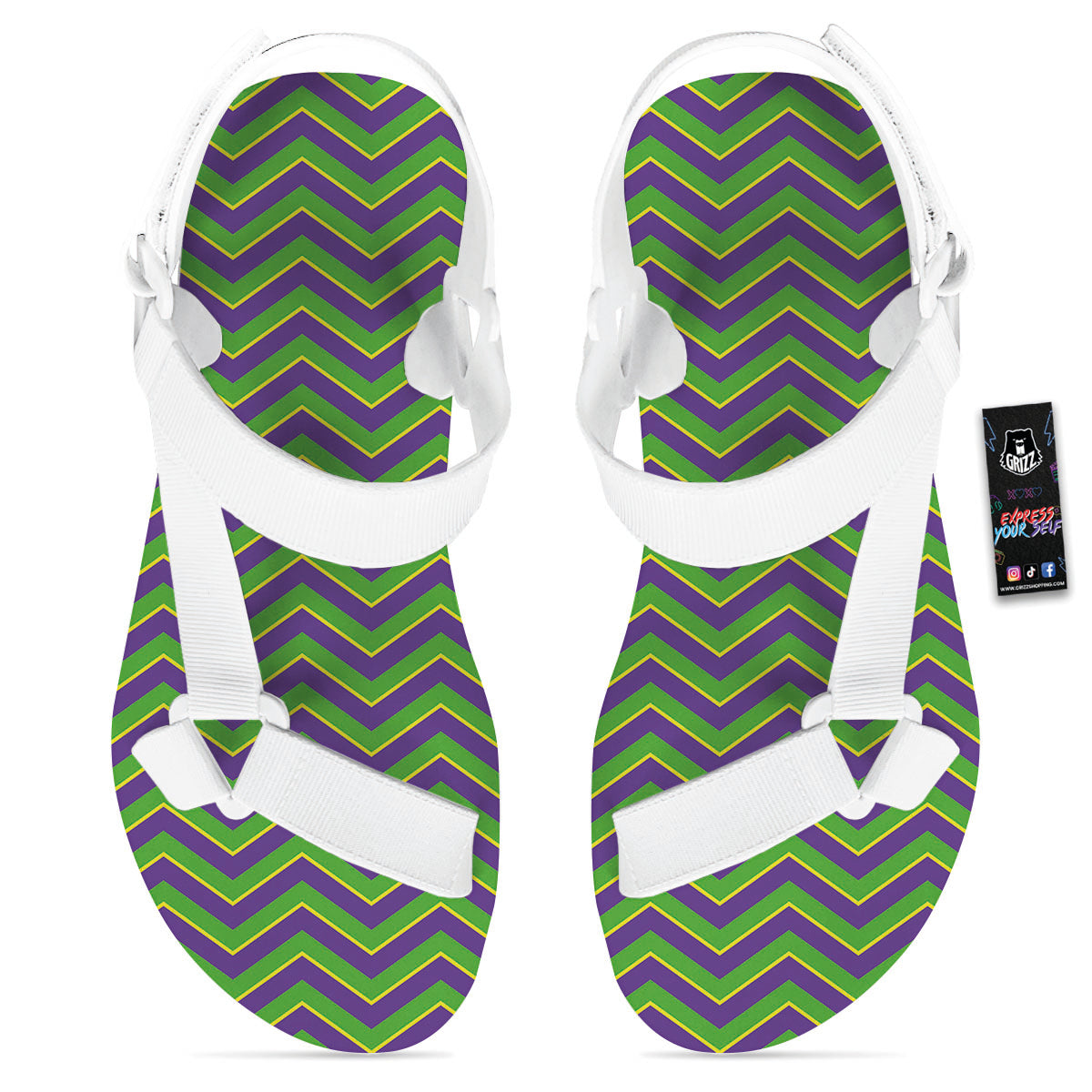 Chevron Mardi Gras Print Pattern White Open Toe Sandals-grizzshop