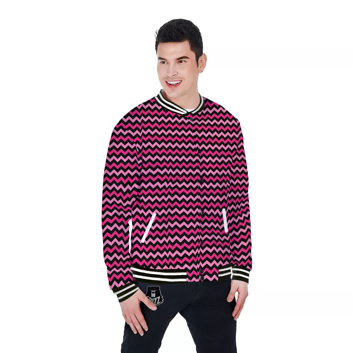Chevron Pink And Black Print Pattern Baseball Jacket-grizzshop