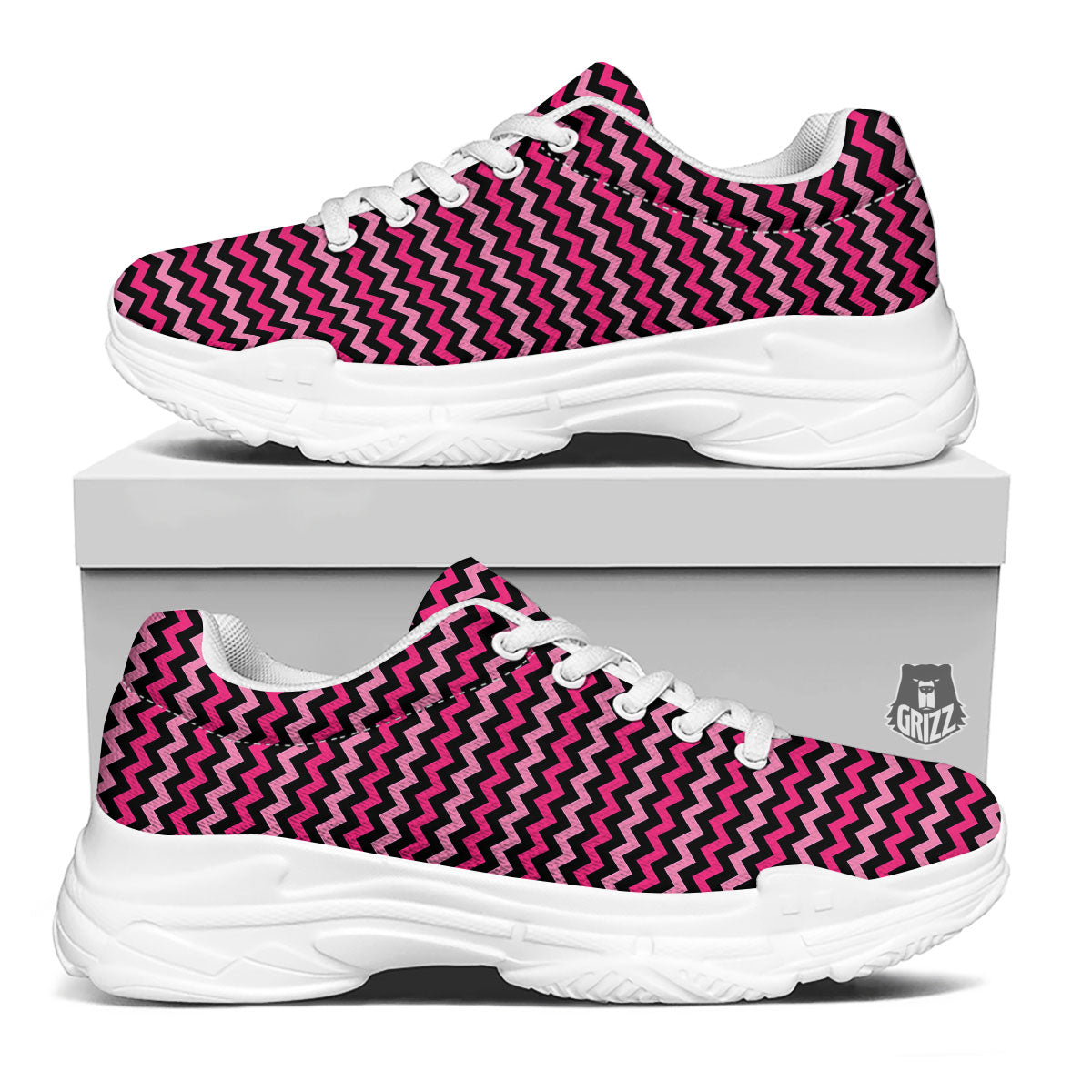 Chevron Pink And Black Print Pattern White Chunky Shoes-grizzshop