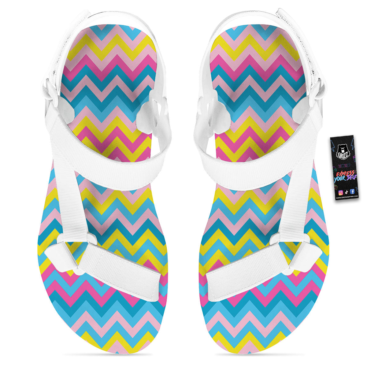 Chevron Rainbow Print Pattern White Open Toe Sandals-grizzshop